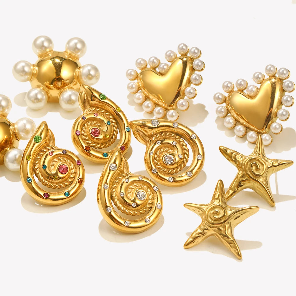 E.B.belle Whirlpool Hammer Padrão Pentagonal Estrela Shell Oco Pérola Suave Coração Roda Redonda Brincos de Aço Inoxidável