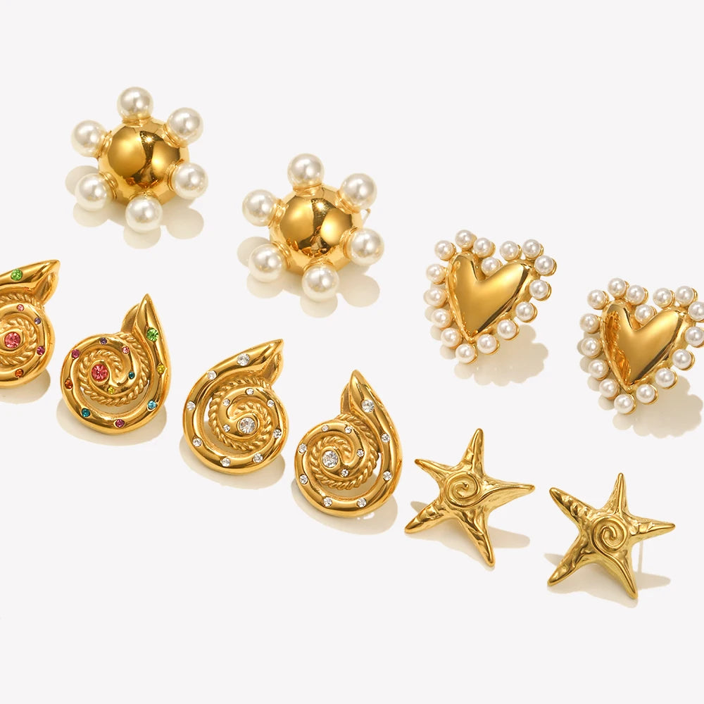 E.B.belle Whirlpool Hammer Padrão Pentagonal Estrela Shell Oco Pérola Suave Coração Roda Redonda Brincos de Aço Inoxidável