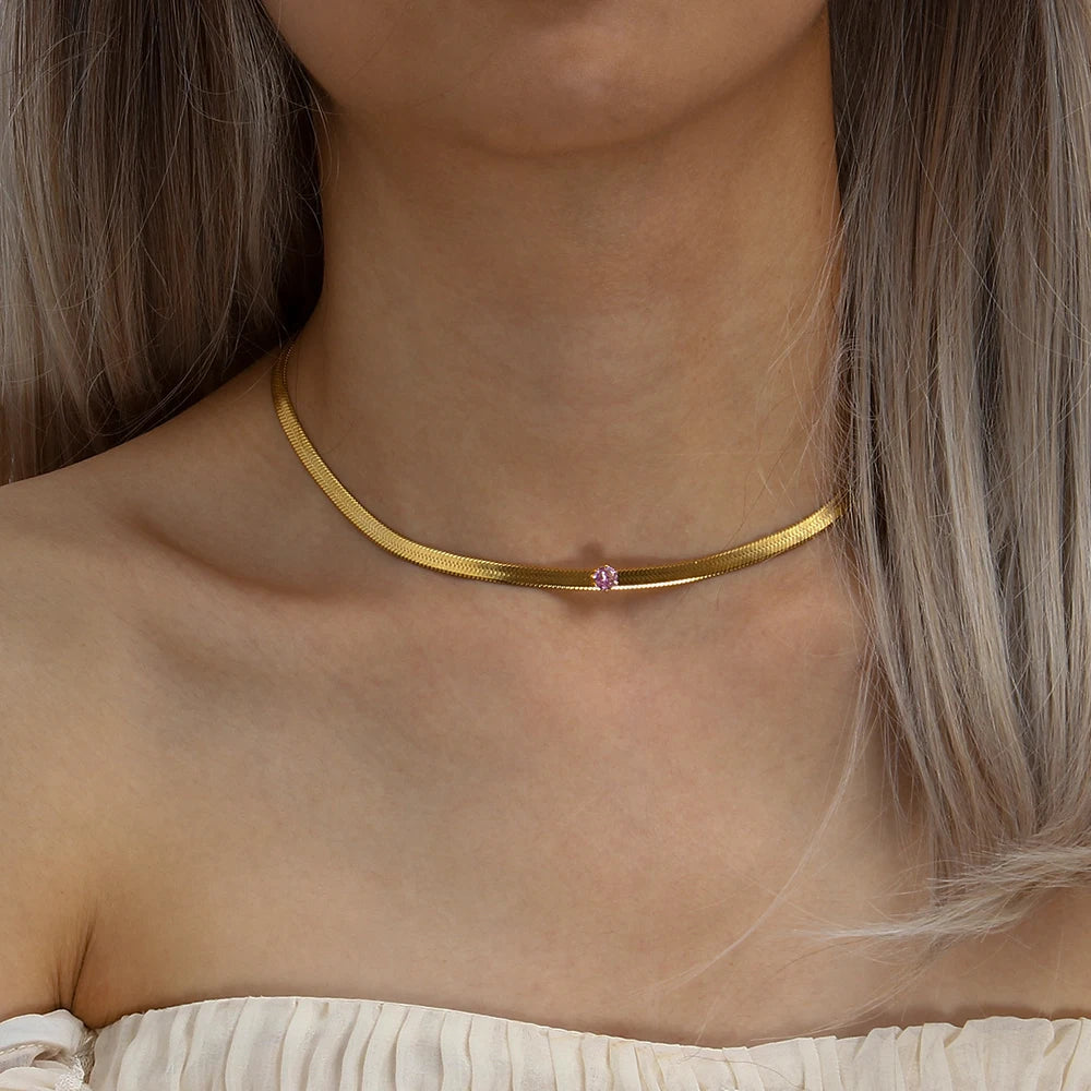 Ebbelle moda aço inoxidável brilhante vermelho rosa zircão pedra gargantilha colar 18k banhado a ouro espinha de peixe corrente jóias