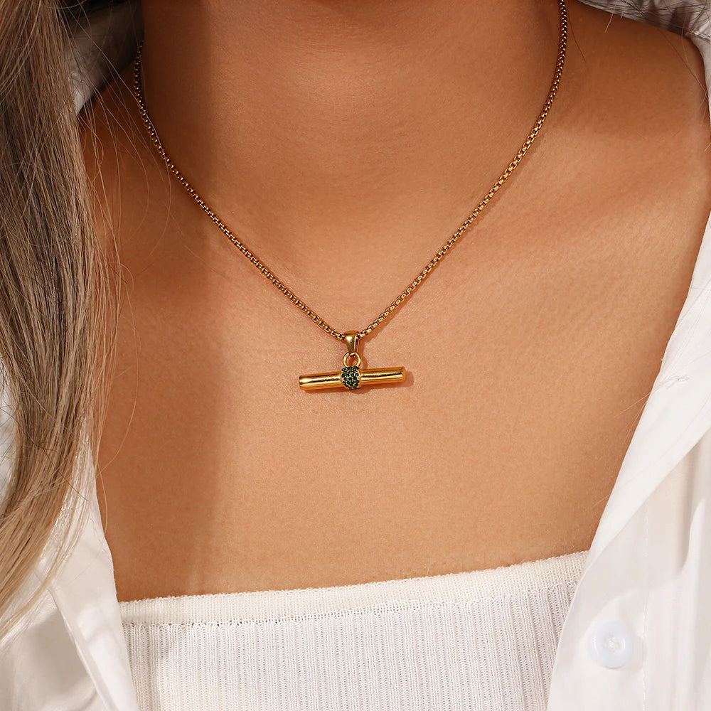 Cor de cristal verde strass t barra pingente quadrado pérola corrente aço inoxidável banhado a ouro colar atacado jóias de natal