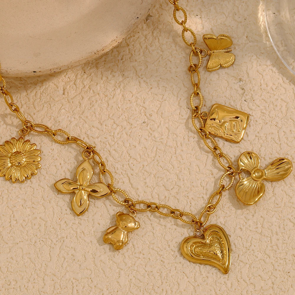 Ebbelle elegante gargantilha de aço inoxidável borboleta flor folha coração pingente colar banhado a ouro feminino chique jóias