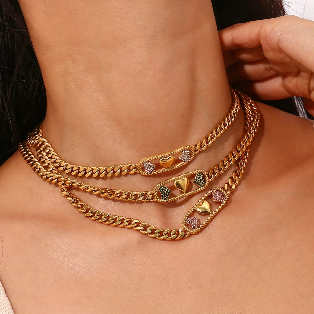 E.B. Belle-Colares de gargantilha cubana de aço inoxidável robusto para mulheres, charme do coração de cristal claro, Ice Out lindo rosa, verde