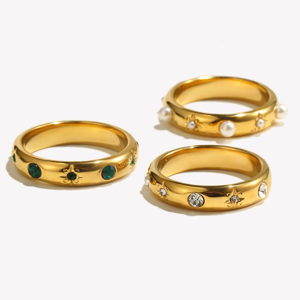 Ebbelle 18K banhado a ouro verde zircão pérola anéis para mulheres à prova d'água hipoalergênico delicado anel de ouro joias de aço inoxidável