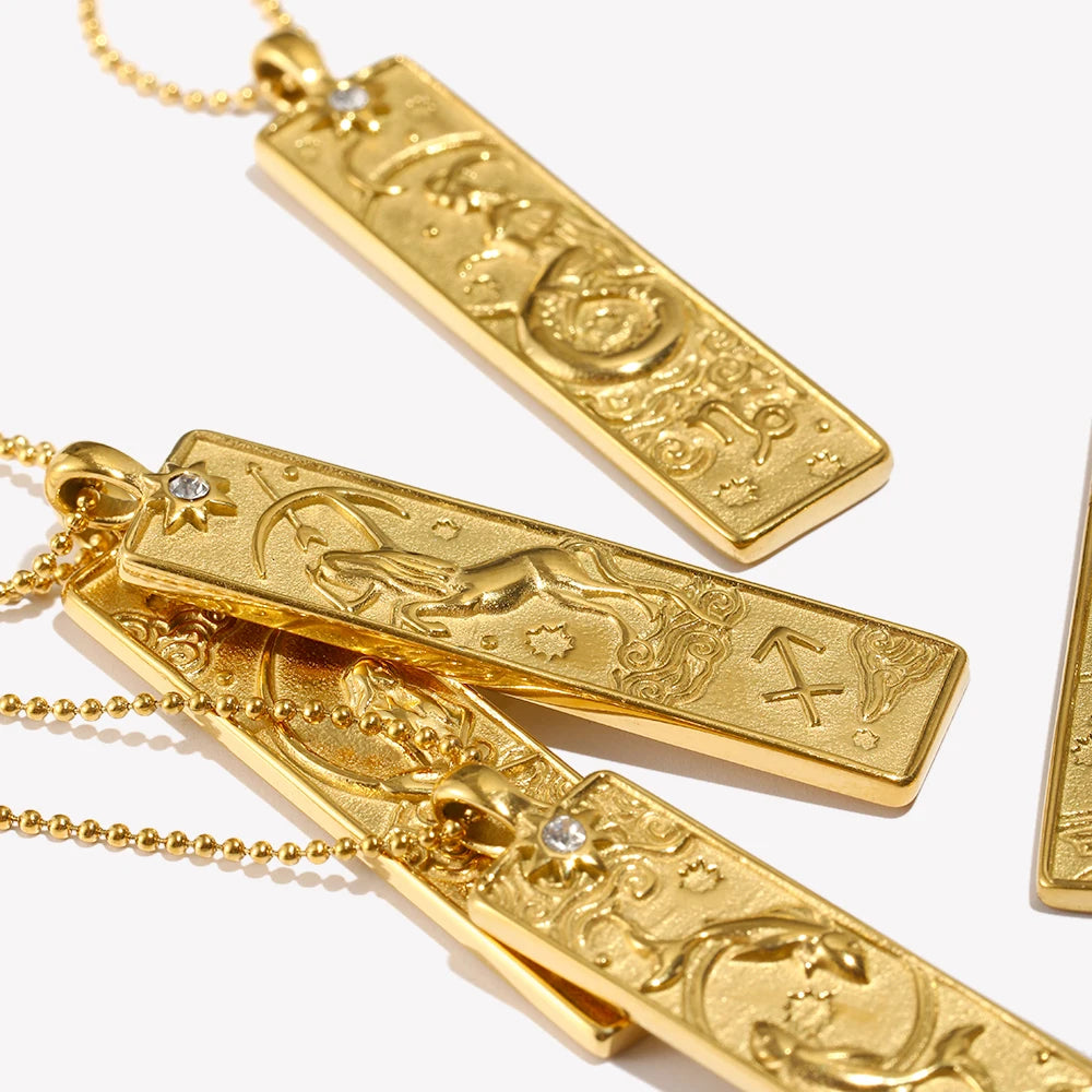 Ebbelle 18k banhado a ouro formato retângulo 12 constelações pingente colar de aço inoxidável à prova d'água joias femininas da moda