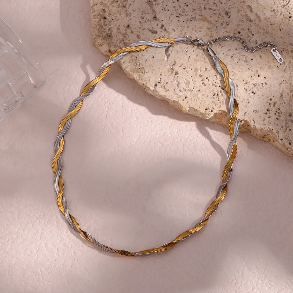 E.B. Belle-Trançado Cadeia Colar, Herryingbone Cadeia, Mix Gargantilha, Aço Inoxidável Curto, 2 Tons, Venda Quente