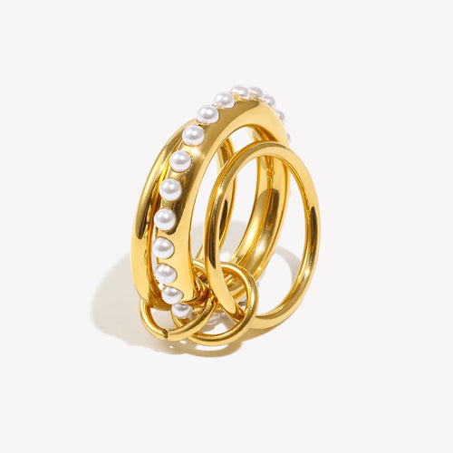 Ebbelle novo estilo elegante feminino três camadas imitação de pérola anel à prova dwaterproof água 18k banhado a ouro 316l jóias de aço inoxidável