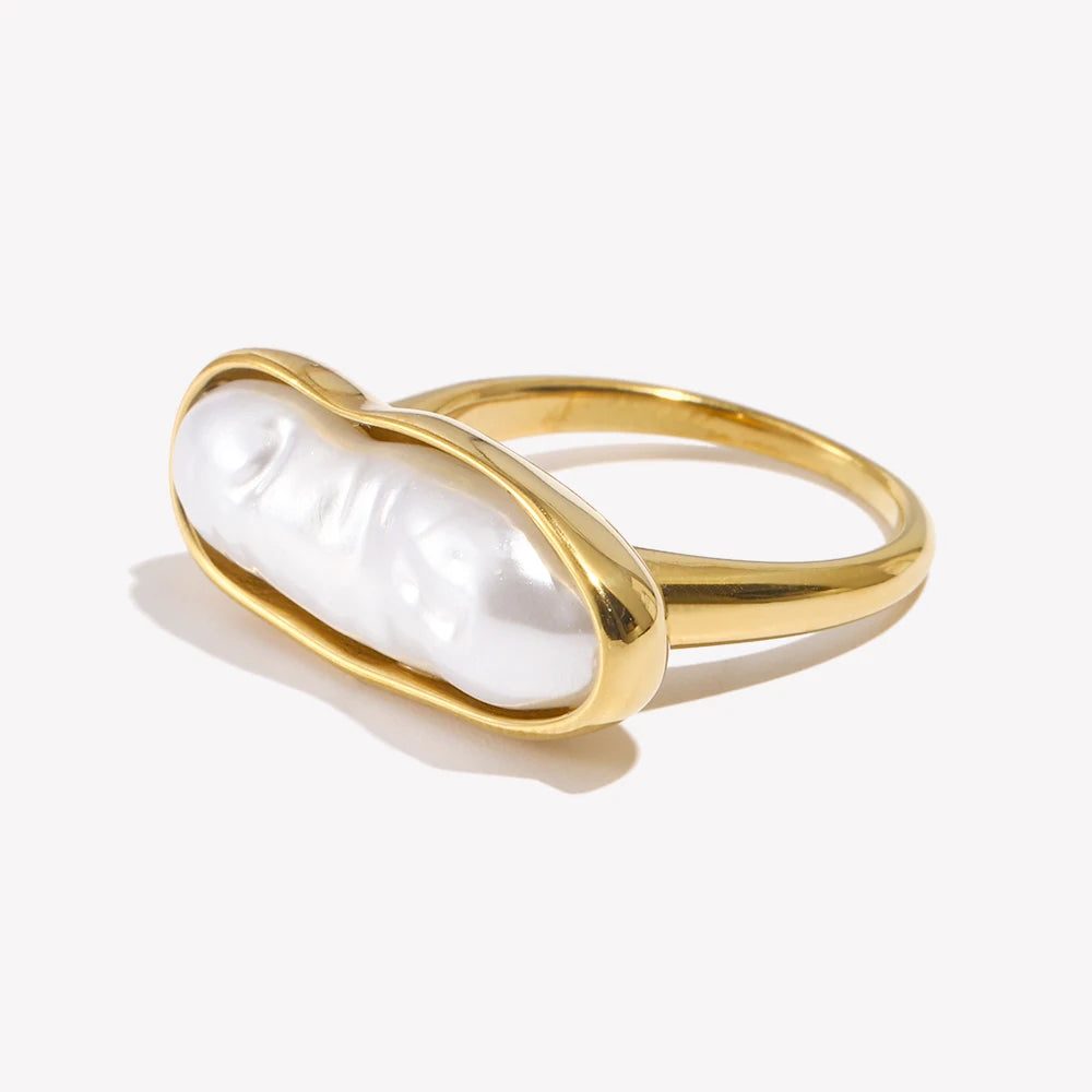 Anel de pérola de água doce de tira longa E.B.belle 18K banhado a ouro aço inoxidável barroco joias à prova d'água