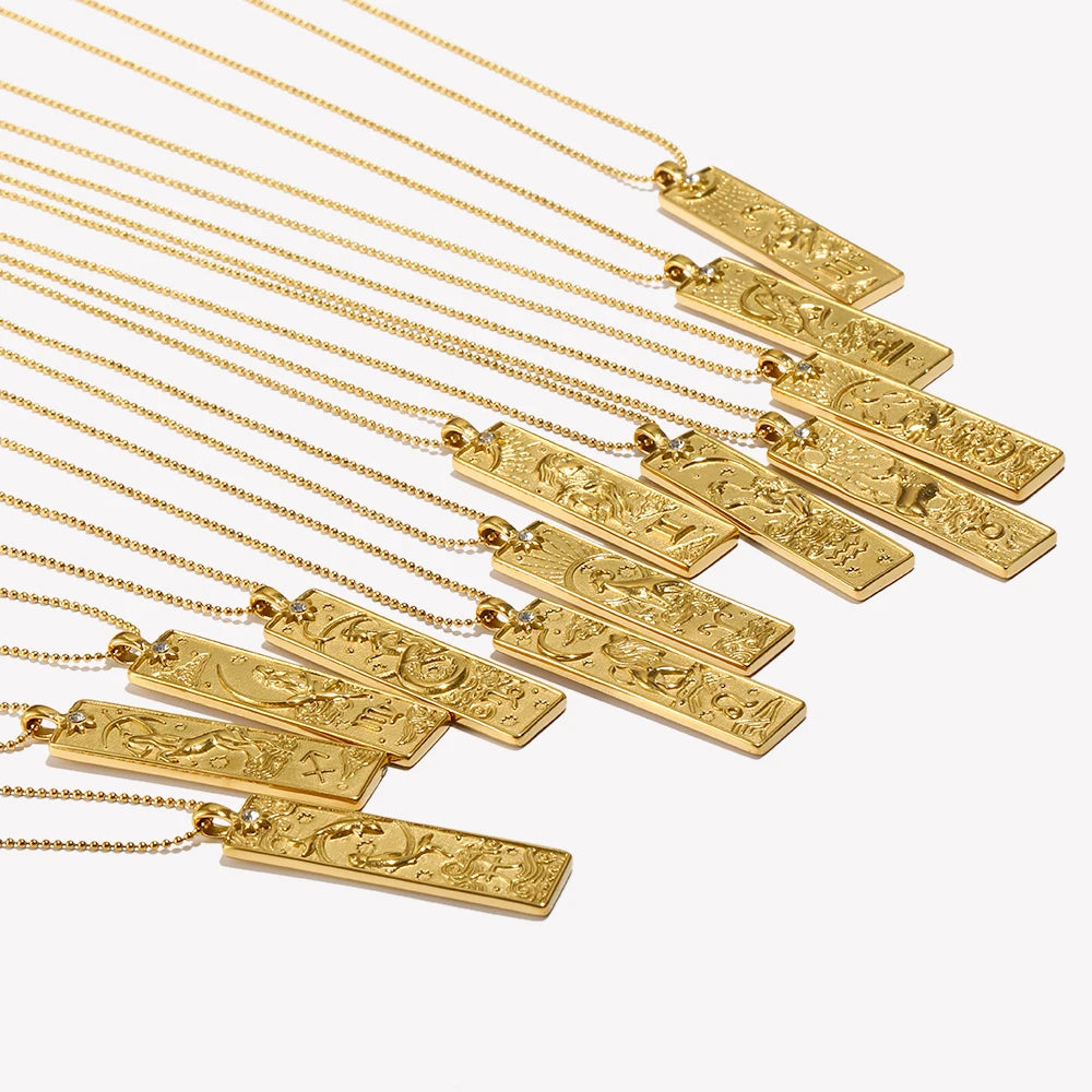 Ebbelle 18k banhado a ouro formato retângulo 12 constelações pingente colar de aço inoxidável à prova d'água joias femininas da moda