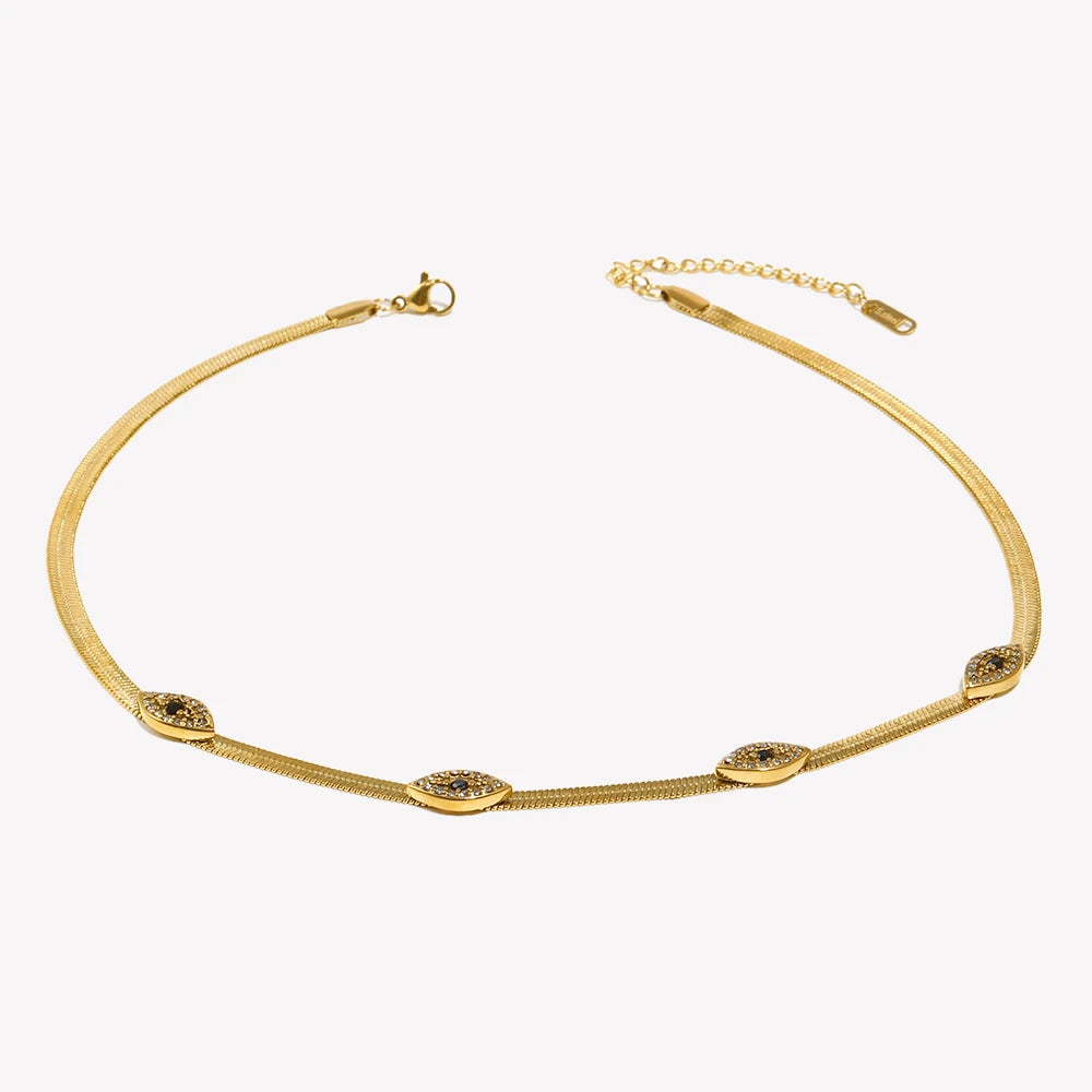 Moda Banhado A Ouro Herryingbone Cadeia Zircônia Cúbica Pavimentada Mau Olho Gargantilha Estilo Declaração Colar Para Mulher украшения на шею
