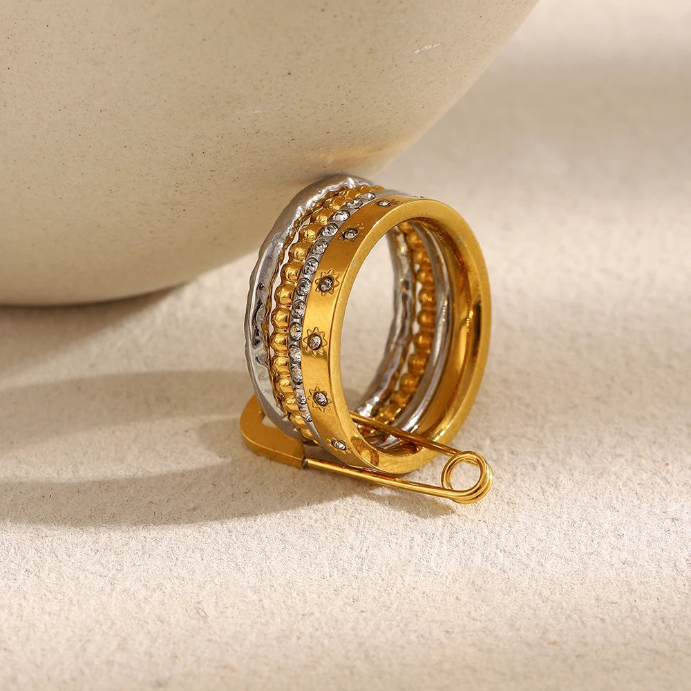 Ebbelle Anel de pino de segurança com múltiplas camadas de cor dupla da moda 18K banhado a ouro joias de declaração de aço inoxidável