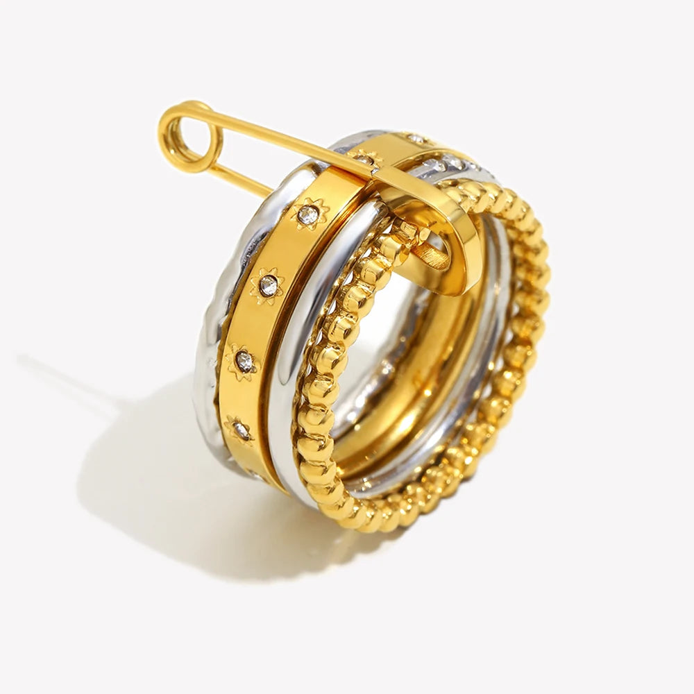 Ebbelle Anel de pino de segurança com múltiplas camadas de cor dupla da moda 18K banhado a ouro joias de declaração de aço inoxidável