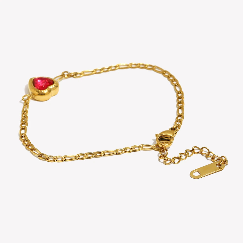 Ebbelle romântico adorável coração amor vermelho zircão pedra pingente figaro corrente pulseira de aço inoxidável banhado a ouro charme pulseira