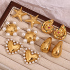 E.B.belle Whirlpool Hammer Padrão Pentagonal Estrela Shell Oco Pérola Suave Coração Roda Redonda Brincos de Aço Inoxidável