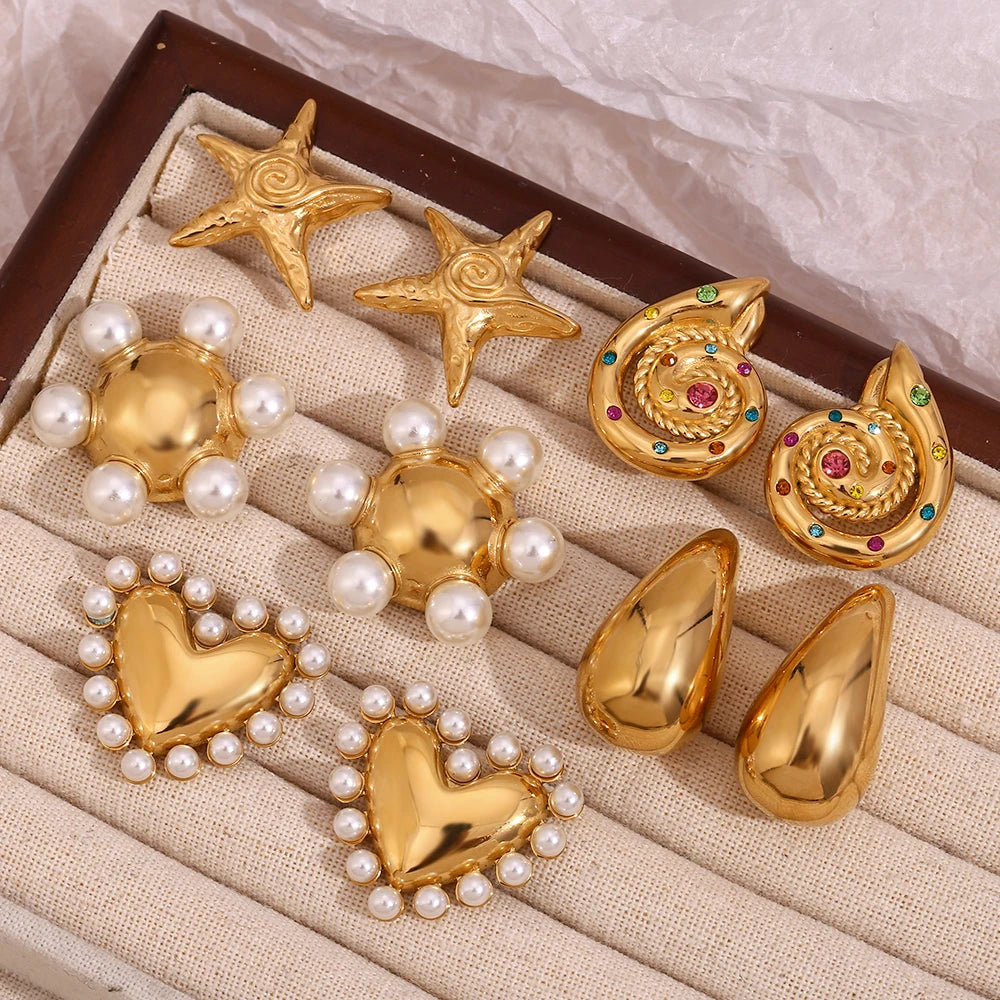 E.B.belle Whirlpool Hammer Padrão Pentagonal Estrela Shell Oco Pérola Suave Coração Roda Redonda Brincos de Aço Inoxidável