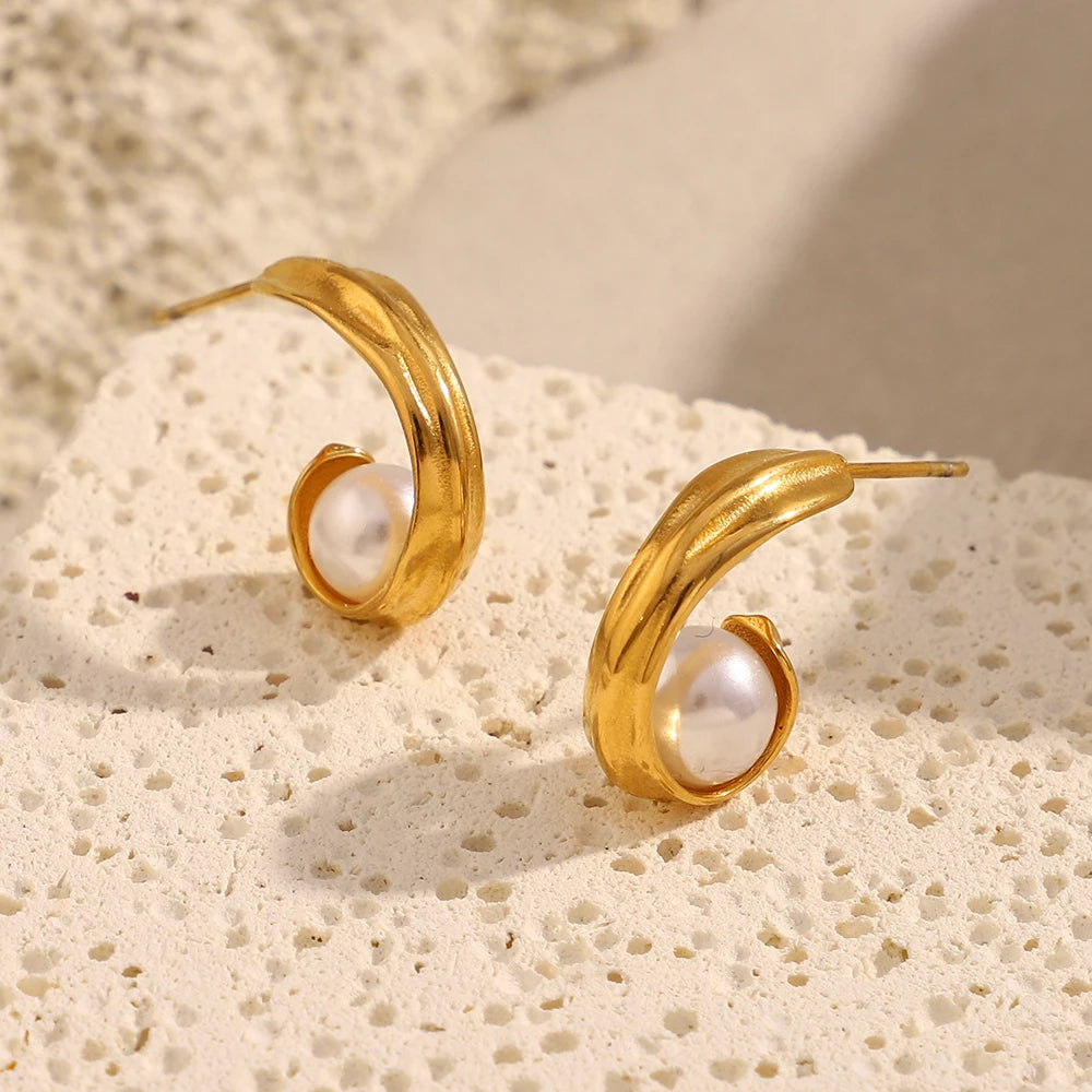 Ebbelle moda craetive clipe em forma de c pérola brinco 18k banhado a ouro aço inoxidável festa feminino orelha jóias presente