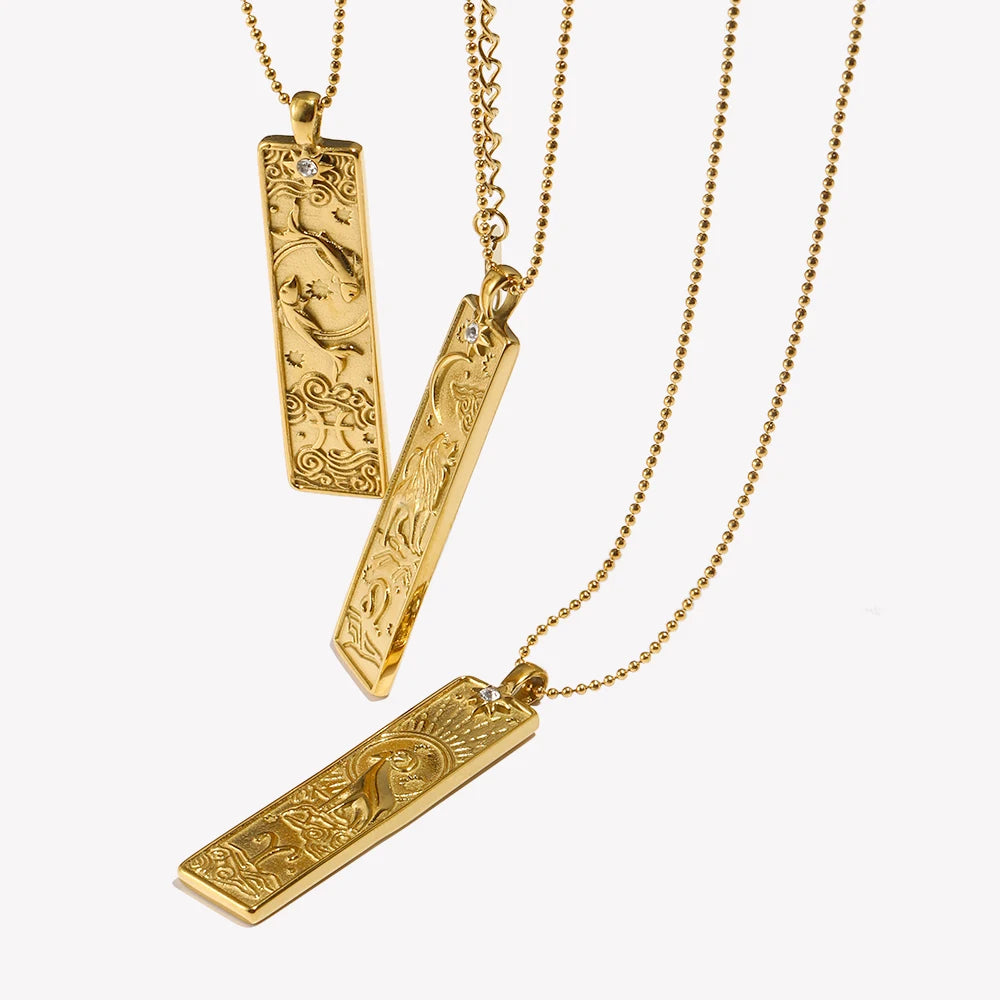 Ebbelle 18k banhado a ouro formato retângulo 12 constelações pingente colar de aço inoxidável à prova d'água joias femininas da moda