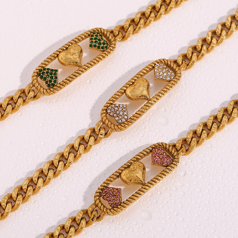 E.B. Belle-Colares de gargantilha cubana de aço inoxidável robusto para mulheres, charme do coração de cristal claro, Ice Out lindo rosa, verde