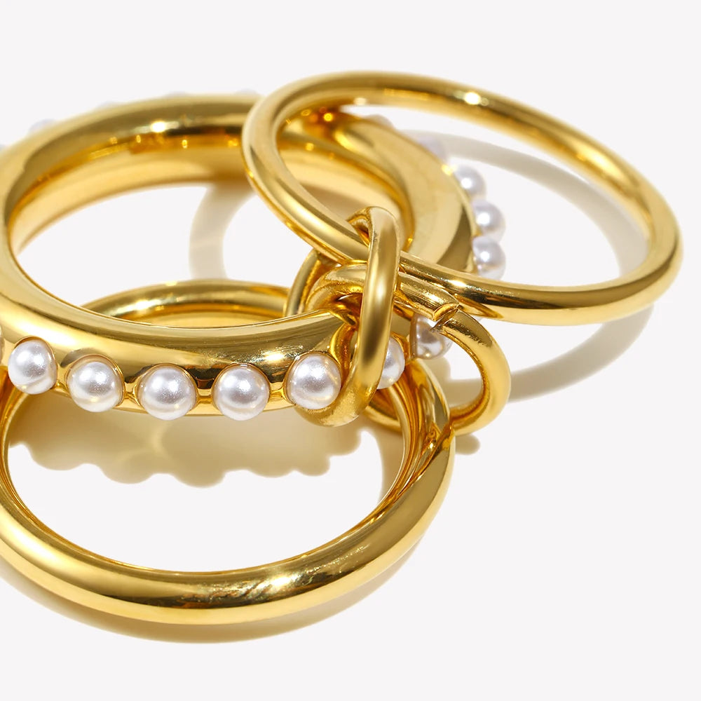 Ebbelle novo estilo elegante feminino três camadas imitação de pérola anel à prova dwaterproof água 18k banhado a ouro 316l jóias de aço inoxidável