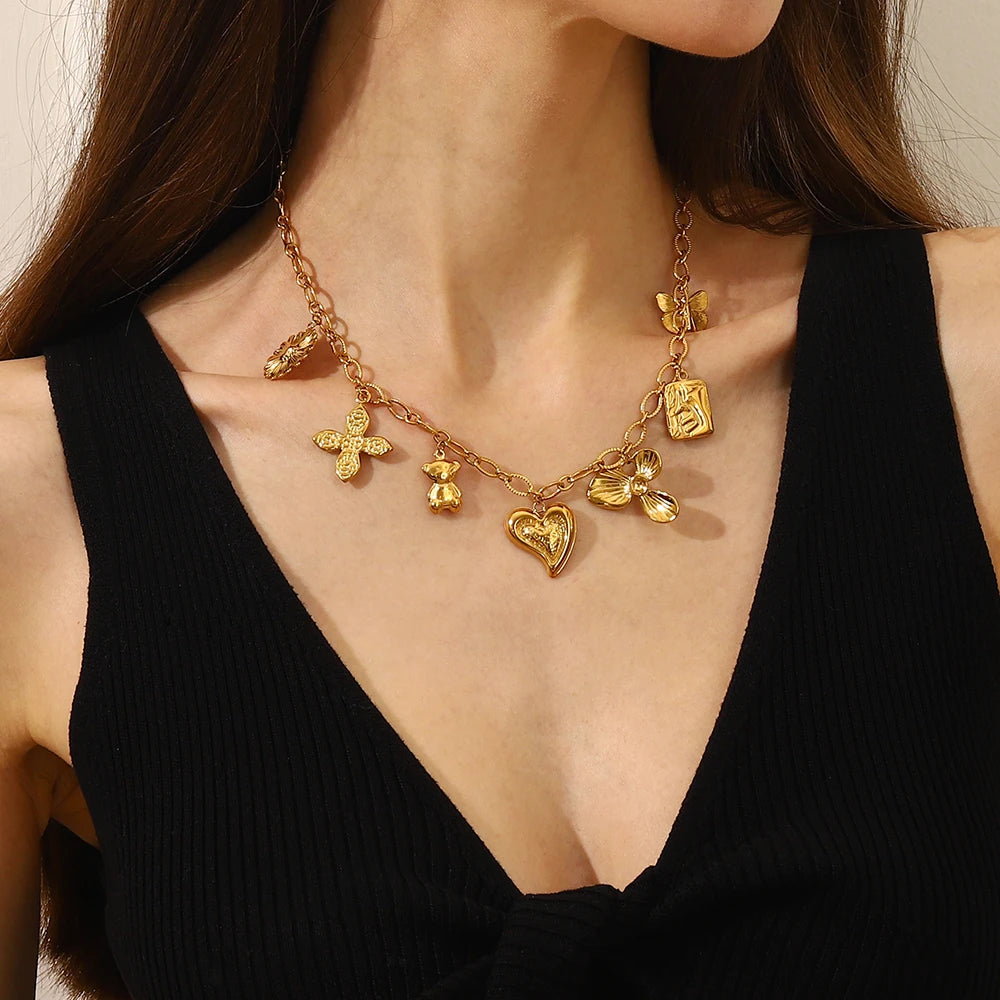 Ebbelle elegante gargantilha de aço inoxidável borboleta flor folha coração pingente colar banhado a ouro feminino chique jóias