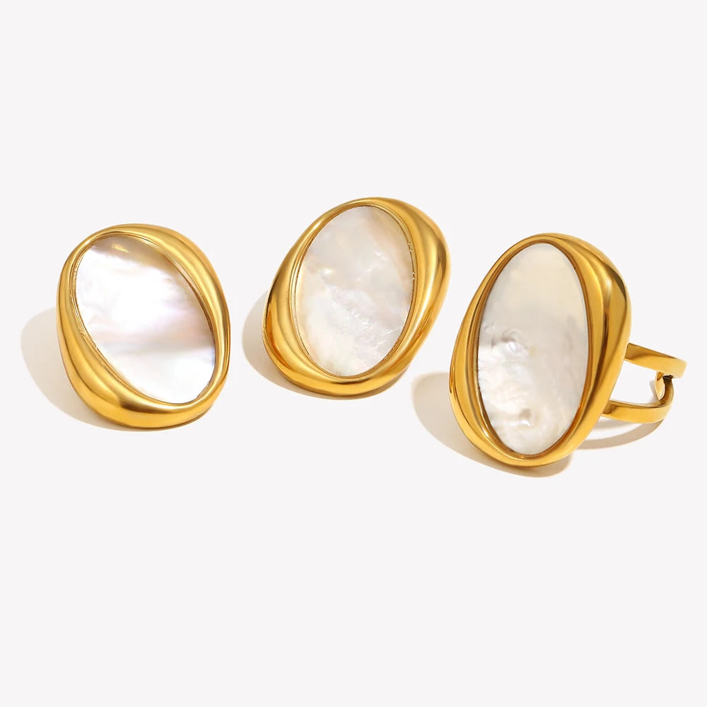 Ebbelle conjunto de joias de concha oval de aço inoxidável estilo elegante 18K brincos banhados a ouro anel OL acessórios de joias femininas