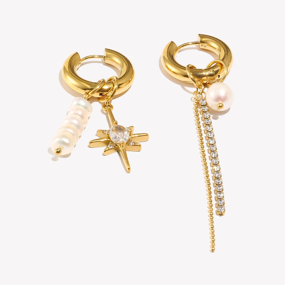 E.B.belle Brincos assimétricos de água doce pérola zircão octogonal estrela corrente 18K banhado a ouro decoração de aço inoxidável 316L