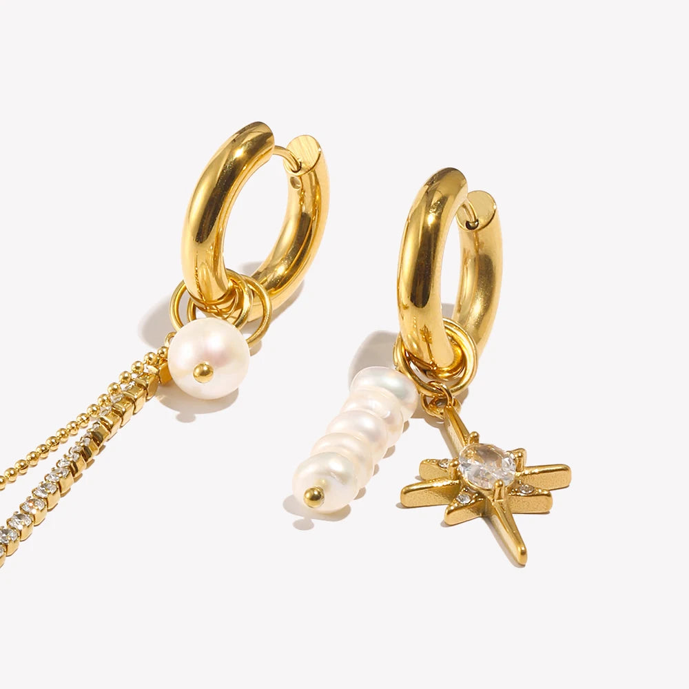 E.B.belle Brincos assimétricos de água doce pérola zircão octogonal estrela corrente 18K banhado a ouro decoração de aço inoxidável 316L