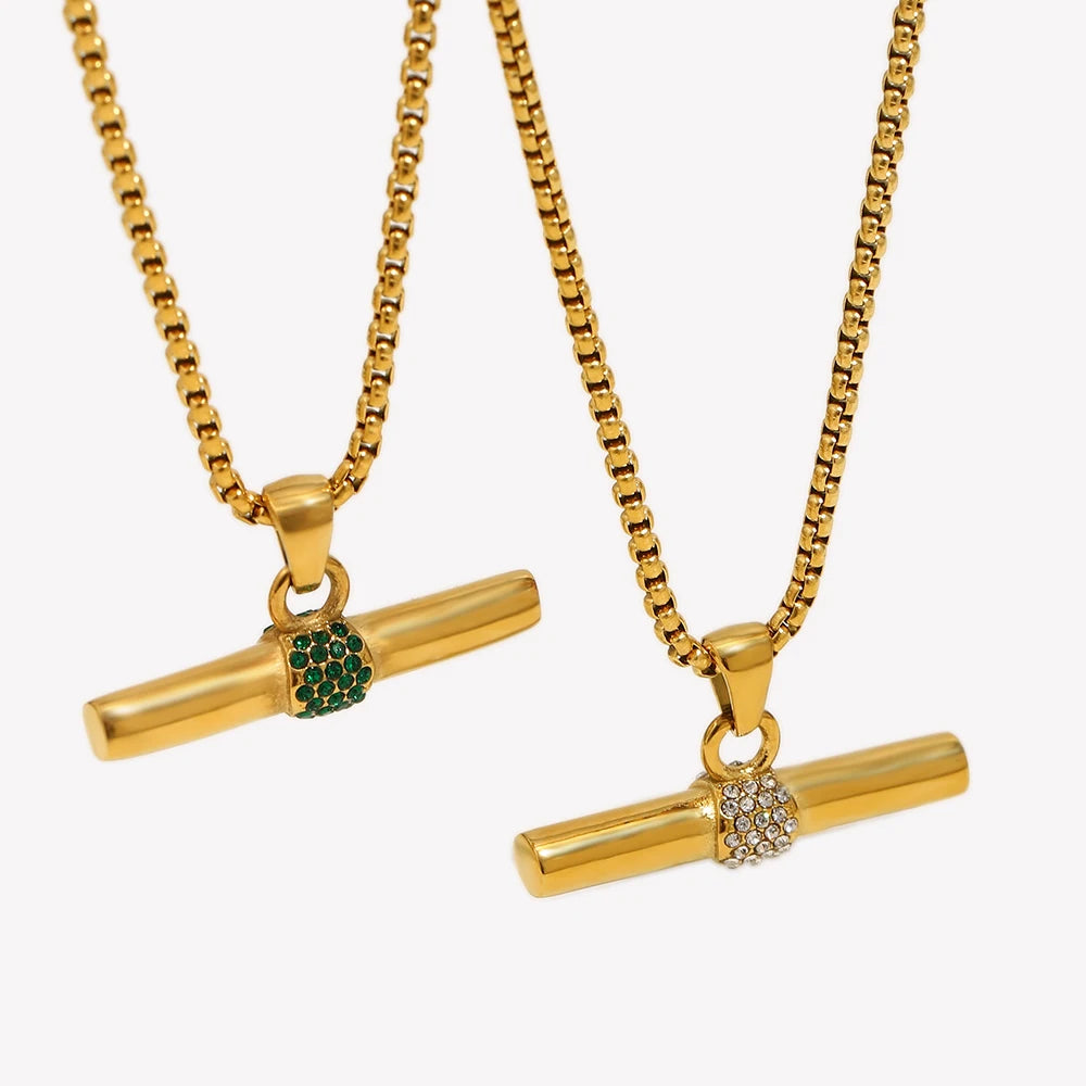 Cor de cristal verde strass t barra pingente quadrado pérola corrente aço inoxidável banhado a ouro colar atacado jóias de natal