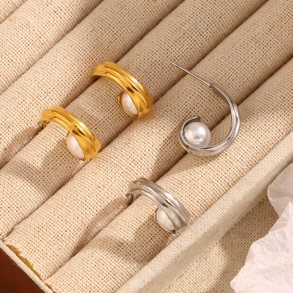 Ebbelle moda craetive clipe em forma de c pérola brinco 18k banhado a ouro aço inoxidável festa feminino orelha jóias presente