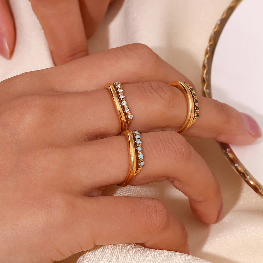 Ebbelle joias de aço inoxidável da moda micro pavimentado strass múltiplas camadas anéis de festa de casamento para noiva anel banhado a ouro