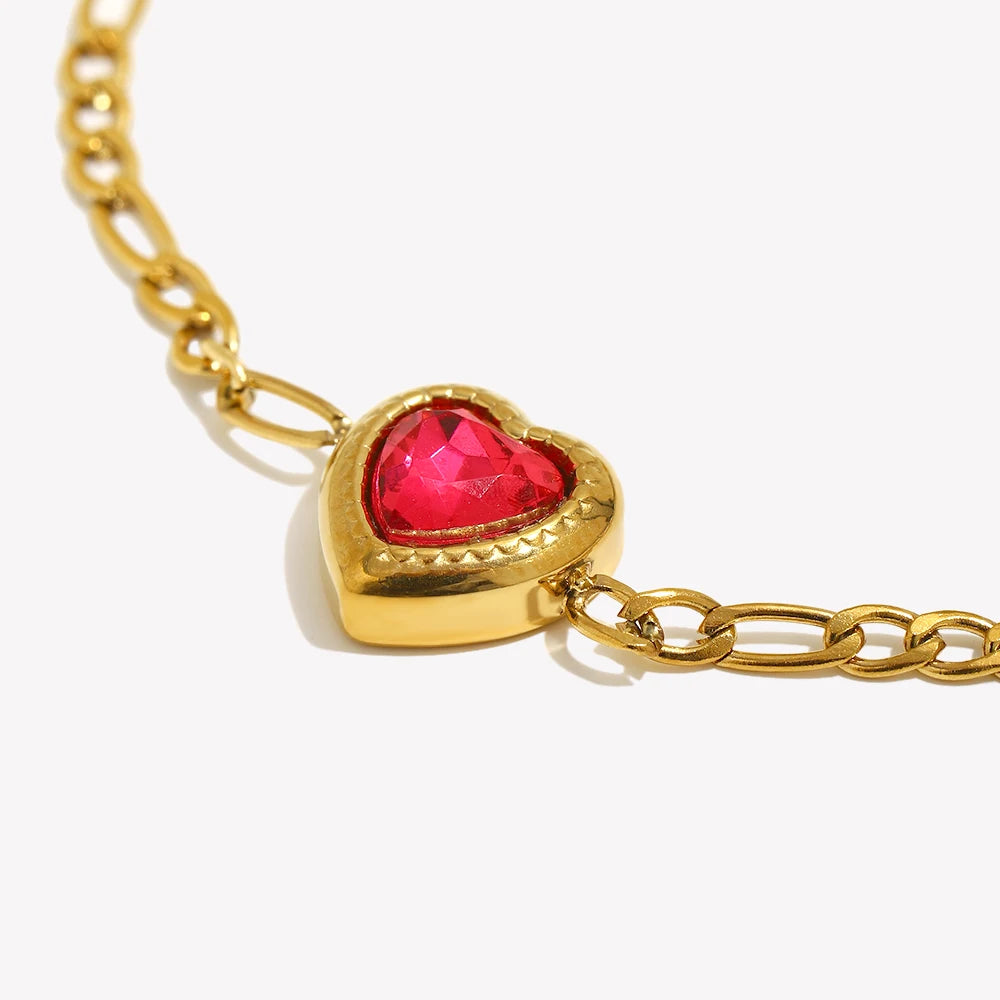 Ebbelle romântico adorável coração amor vermelho zircão pedra pingente figaro corrente pulseira de aço inoxidável banhado a ouro charme pulseira