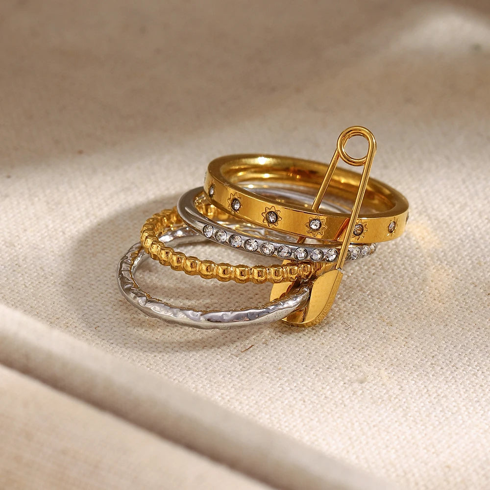 Ebbelle Anel de pino de segurança com múltiplas camadas de cor dupla da moda 18K banhado a ouro joias de declaração de aço inoxidável