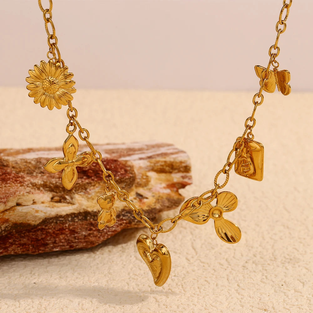 Ebbelle elegante gargantilha de aço inoxidável borboleta flor folha coração pingente colar banhado a ouro feminino chique jóias