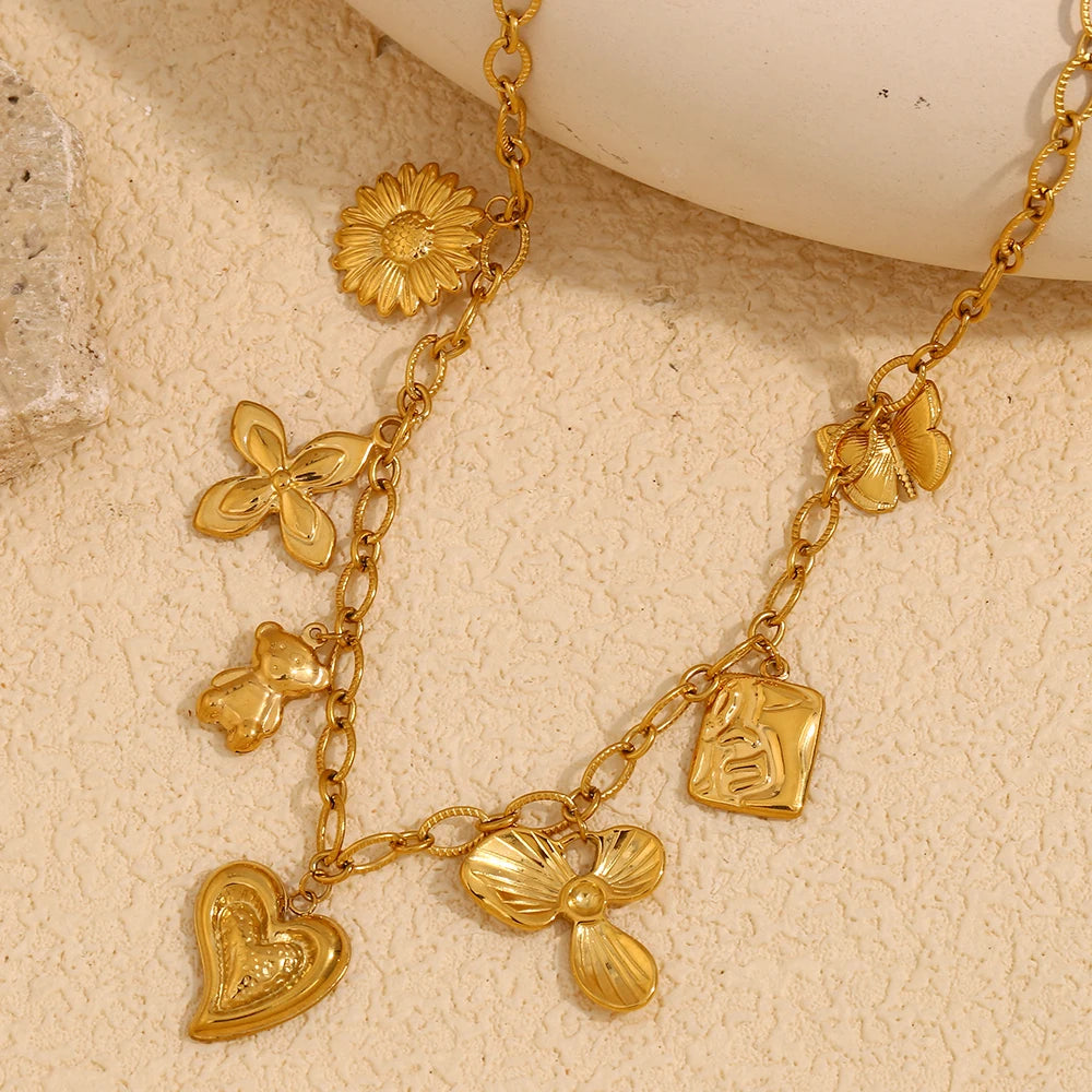 Ebbelle elegante gargantilha de aço inoxidável borboleta flor folha coração pingente colar banhado a ouro feminino chique jóias