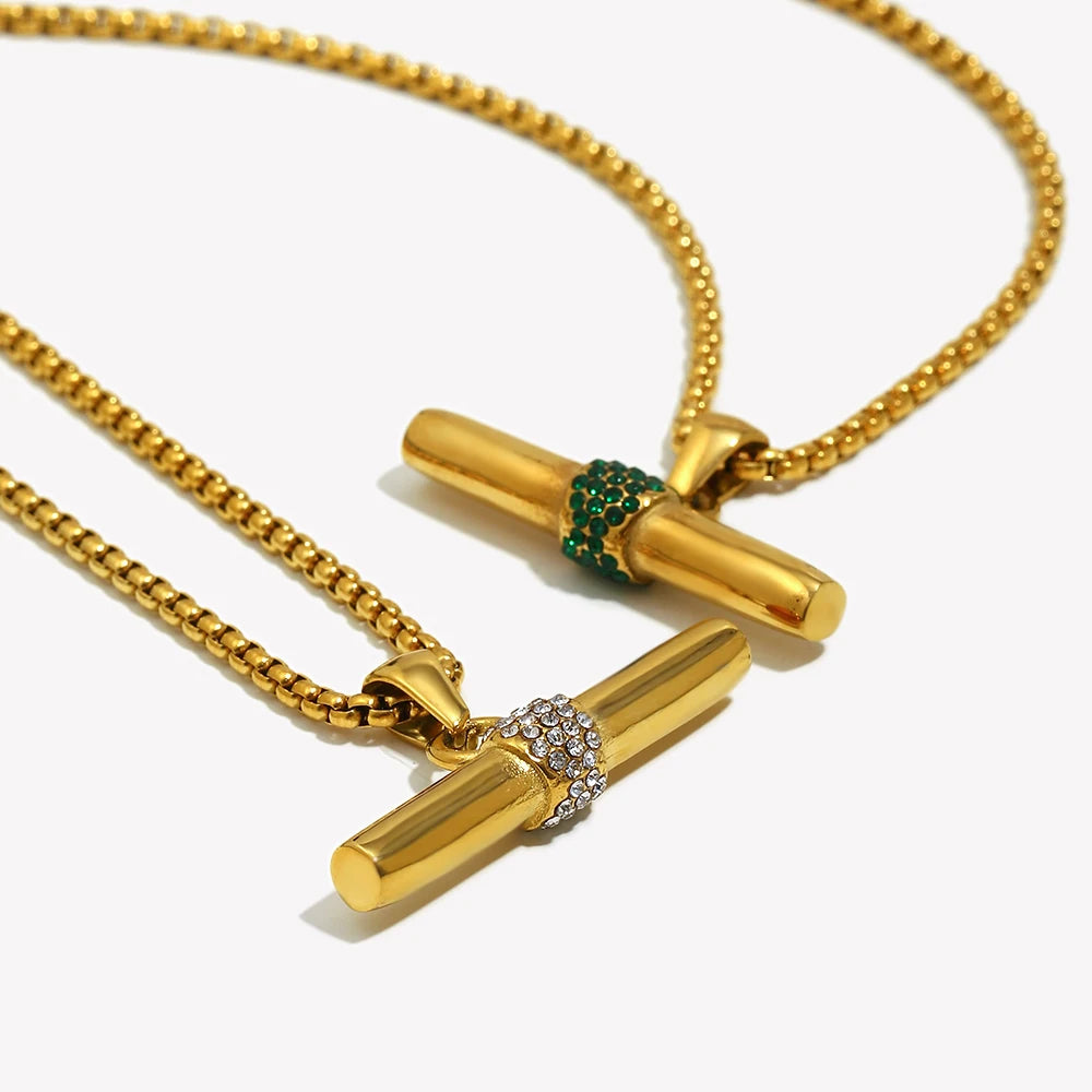 Cor de cristal verde strass t barra pingente quadrado pérola corrente aço inoxidável banhado a ouro colar atacado jóias de natal