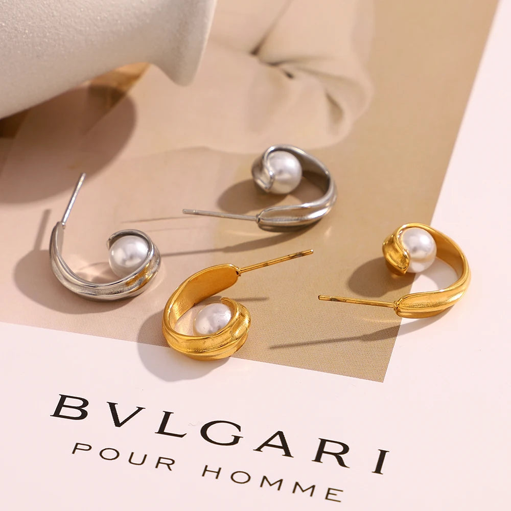 Ebbelle moda craetive clipe em forma de c pérola brinco 18k banhado a ouro aço inoxidável festa feminino orelha jóias presente