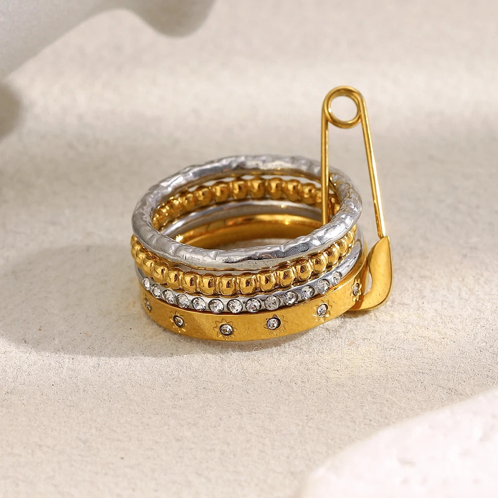 Ebbelle Anel de pino de segurança com múltiplas camadas de cor dupla da moda 18K banhado a ouro joias de declaração de aço inoxidável