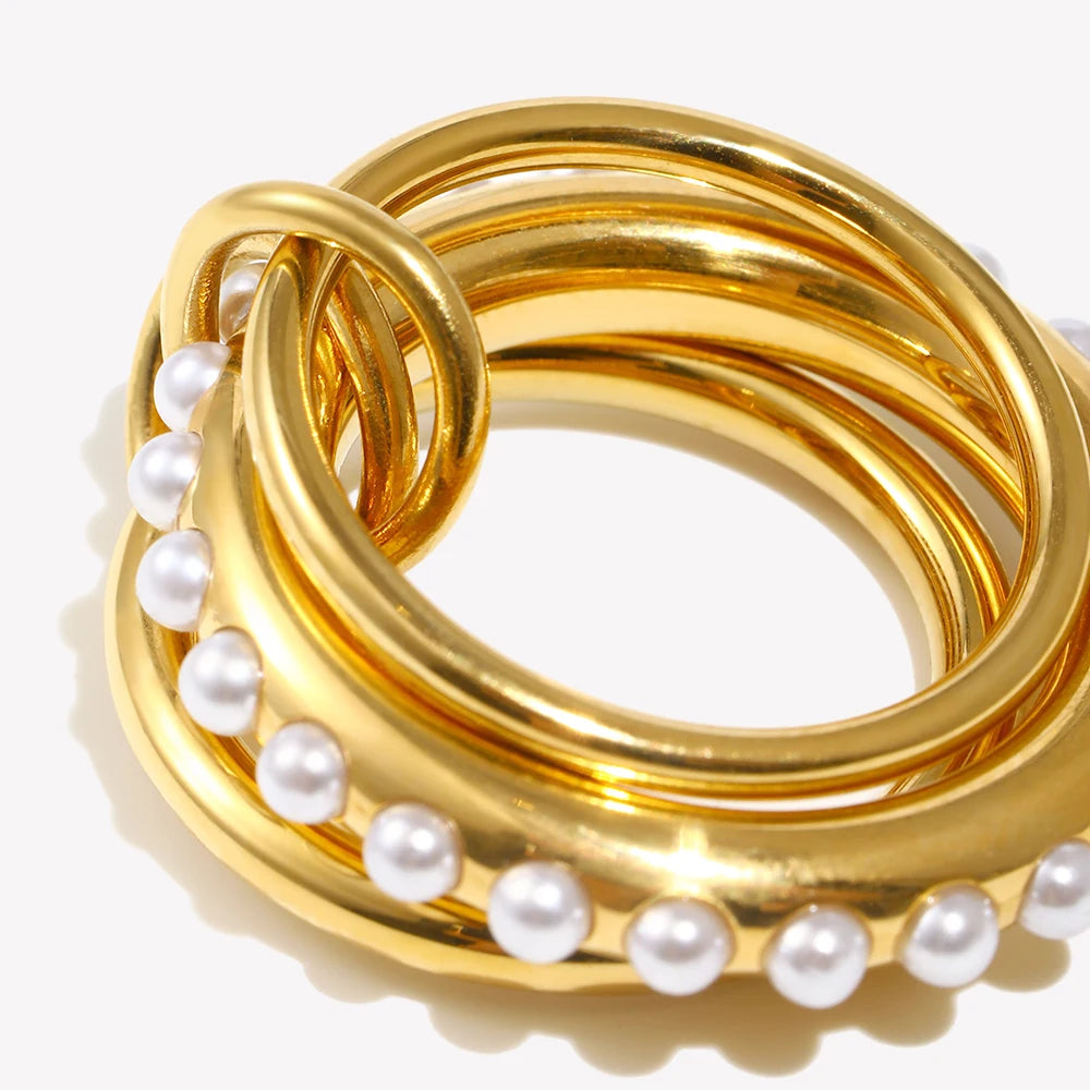 Ebbelle novo estilo elegante feminino três camadas imitação de pérola anel à prova dwaterproof água 18k banhado a ouro 316l jóias de aço inoxidável