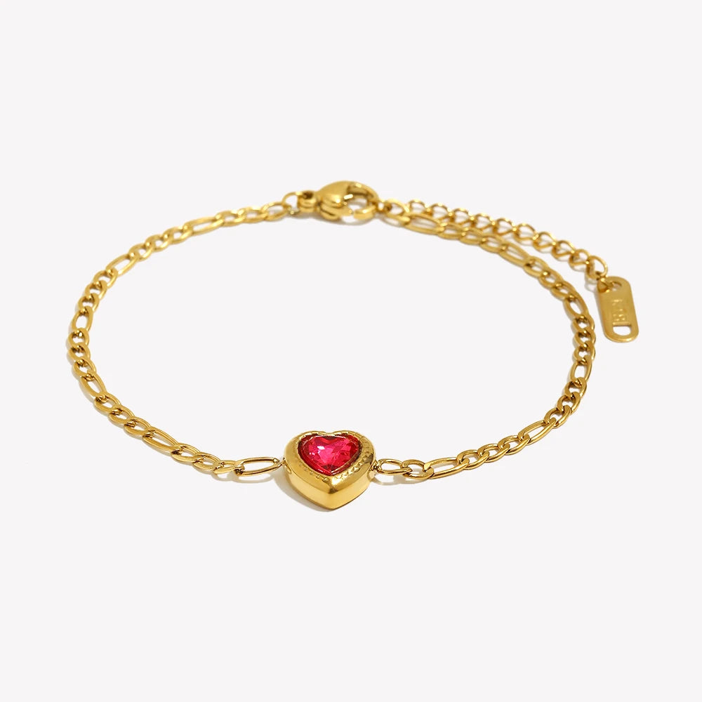 Ebbelle romântico adorável coração amor vermelho zircão pedra pingente figaro corrente pulseira de aço inoxidável banhado a ouro charme pulseira