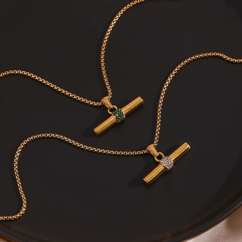 Cor de cristal verde strass t barra pingente quadrado pérola corrente aço inoxidável banhado a ouro colar atacado jóias de natal