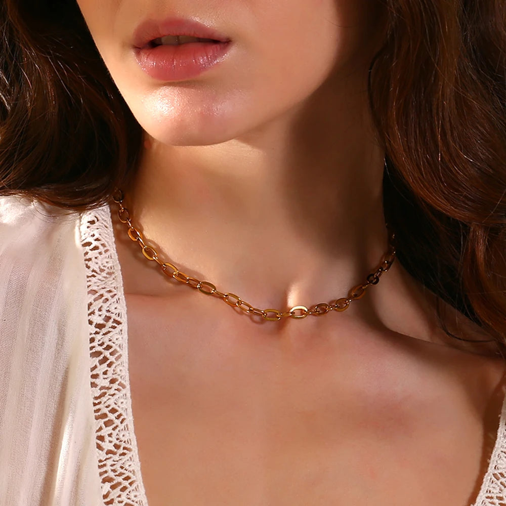 Ebbelle Simples em forma de O corrente gargantilha colar 18K banhado a ouro aço inoxidável básico empilhados joias femininas