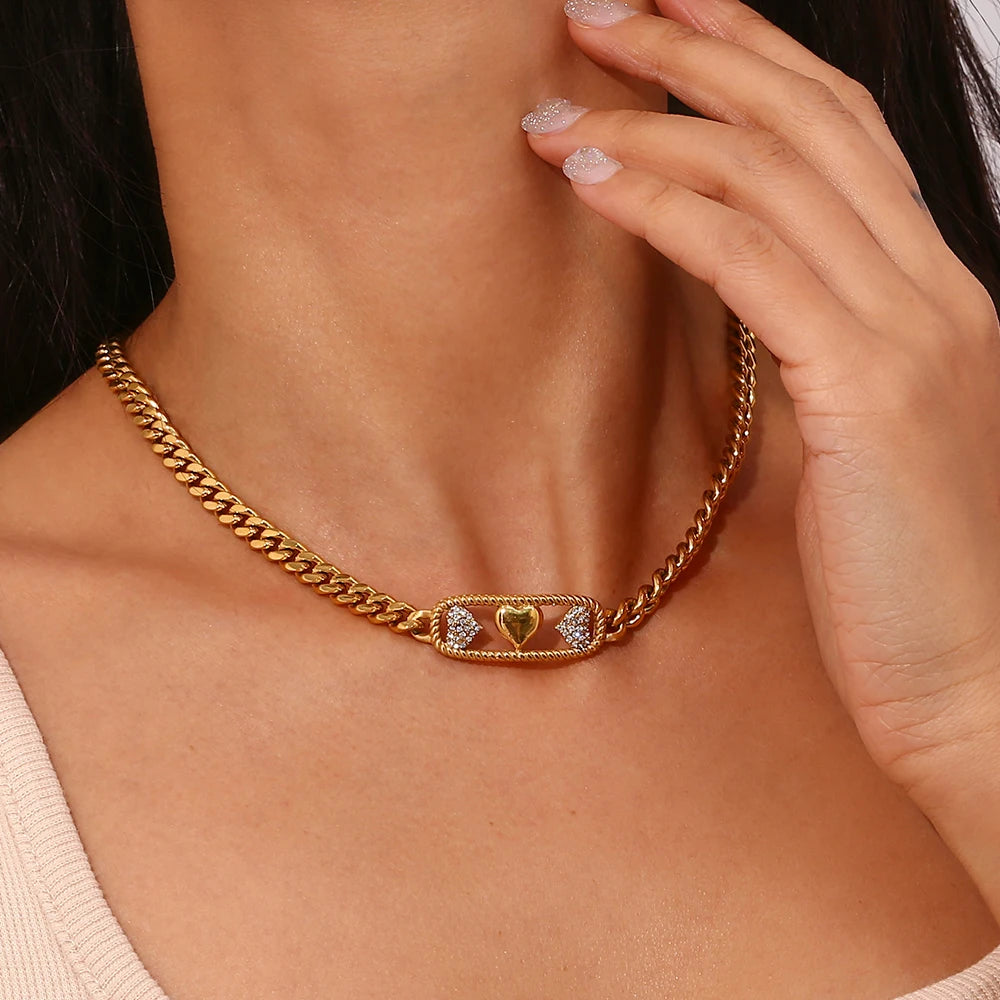 E.B. Belle-Colares de gargantilha cubana de aço inoxidável robusto para mulheres, charme do coração de cristal claro, Ice Out lindo rosa, verde