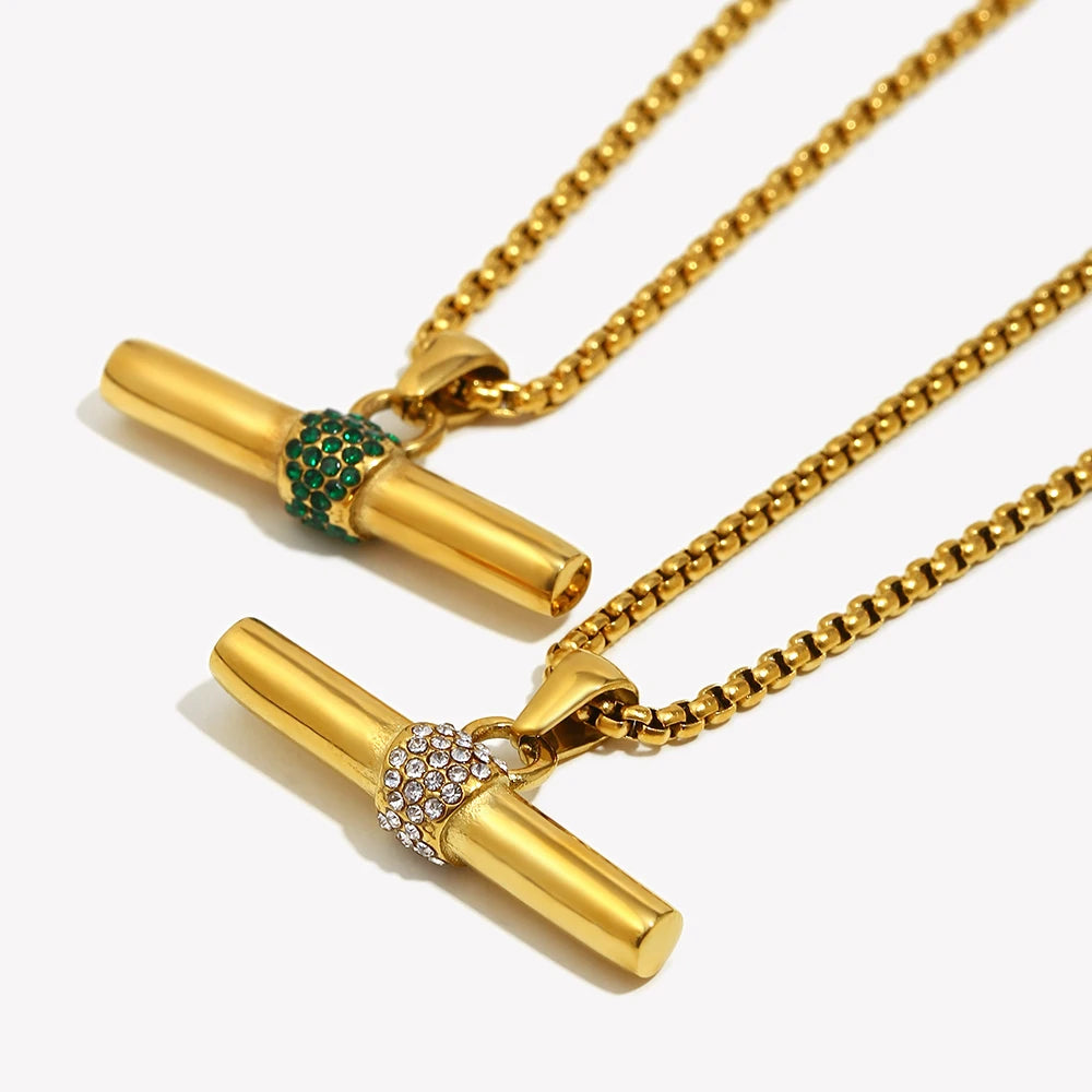 Cor de cristal verde strass t barra pingente quadrado pérola corrente aço inoxidável banhado a ouro colar atacado jóias de natal