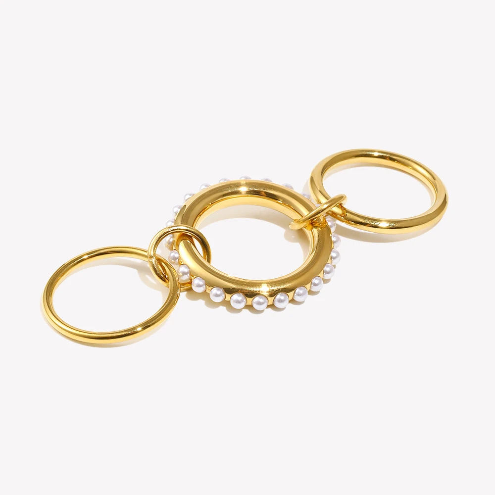 Ebbelle novo estilo elegante feminino três camadas imitação de pérola anel à prova dwaterproof água 18k banhado a ouro 316l jóias de aço inoxidável