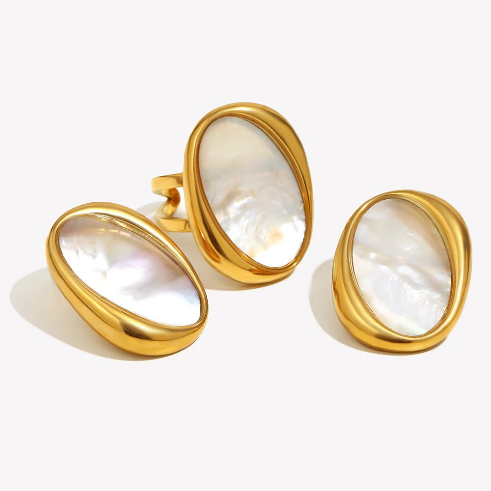 Ebbelle conjunto de joias de concha oval de aço inoxidável estilo elegante 18K brincos banhados a ouro anel OL acessórios de joias femininas