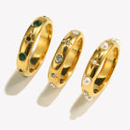 Ebbelle 18K banhado a ouro verde zircão pérola anéis para mulheres à prova d'água hipoalergênico delicado anel de ouro joias de aço inoxidável